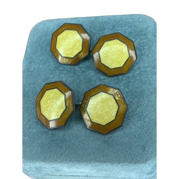 Antique Art Deco Signed Hallmark Yellow Brown Guilloche Enamel Cufflinks Pair He - Picture 4 of 11